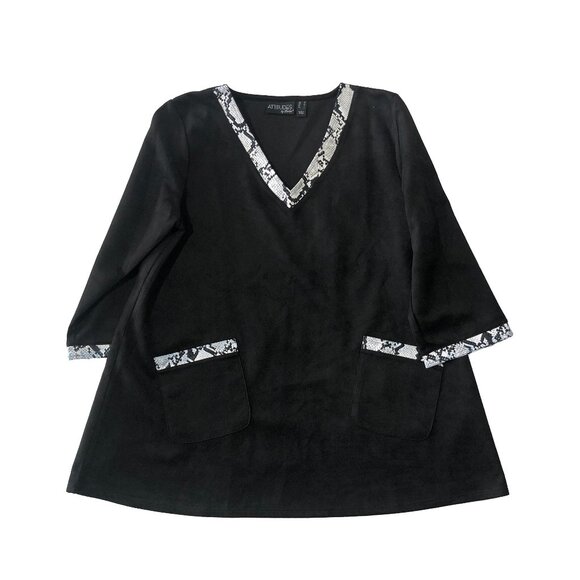 Attitudes by Renee Womens Black M Faux Suede Snake Trim 3/4 Sleeve Loose Top - Picture 1 of 8